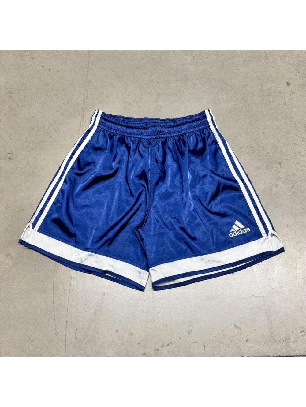 Vintage Adidas Nylon Shorts Mens Medium Navy Satin Shiny Sprinter Glanz 6" 90s
